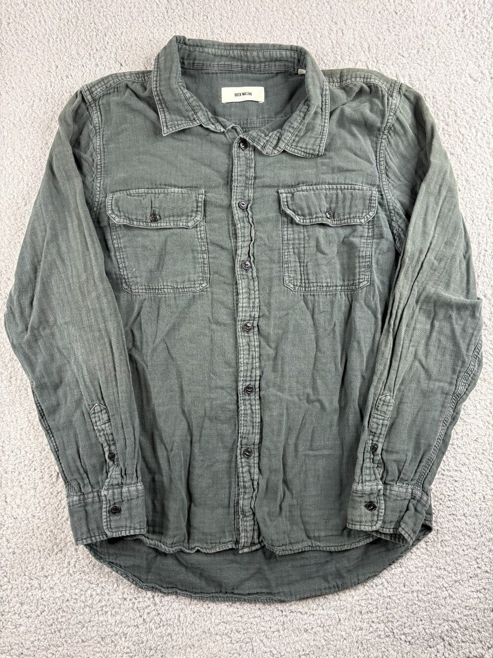 Buck Mason Button Up Shirt Men's Large Olive Green Long Sleeve Double Pockets